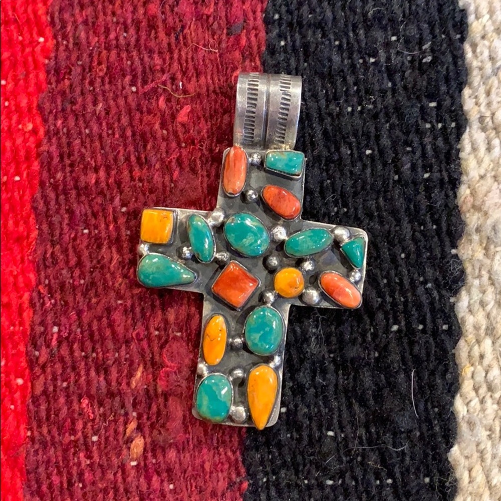 Multi turquoise & spiny oyster stone cross pendant
